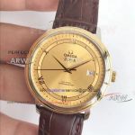 Perfect Replica Omega De Ville Gold Roman Dial Brown Leather Strap 39mm Watches